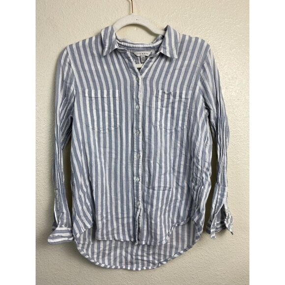 Lucky Brand Button Down Up  Women Size Medium Stipes Gray‎ White Long Sleeve - Picture 1 of 12